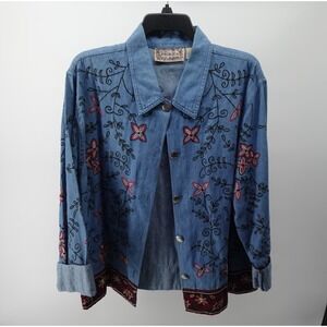 TanTrum Blues Vintage Denim Shirt Jacket Floral Embroidered Cotton Blue Womens L